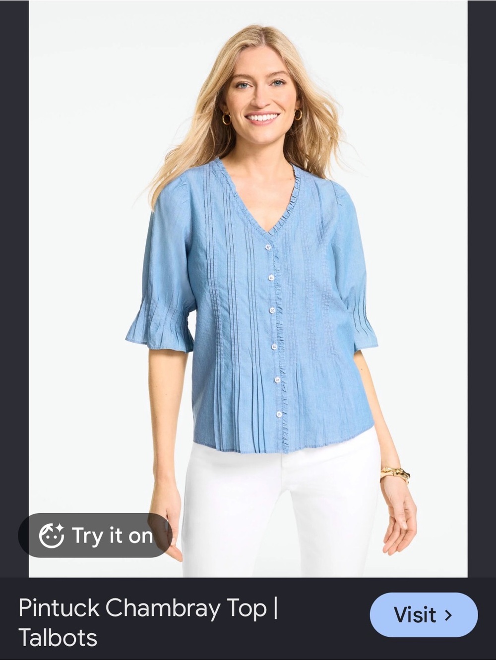 Talbots Light Blue Pintuck Chambray Button-Front Top